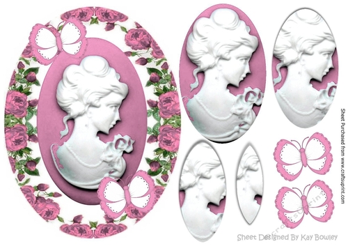 Pretty cameo lady in pink roses pyramids with butterflies