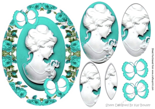 Pretty cameo lady in turq roses pyramids with butterflies