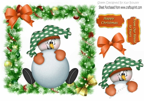 Jolly Snowman in festive frame with gold bow 8x8