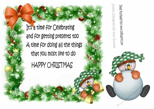 Jolly Snowman in festive frame gold bow 8x8 Insert with verse