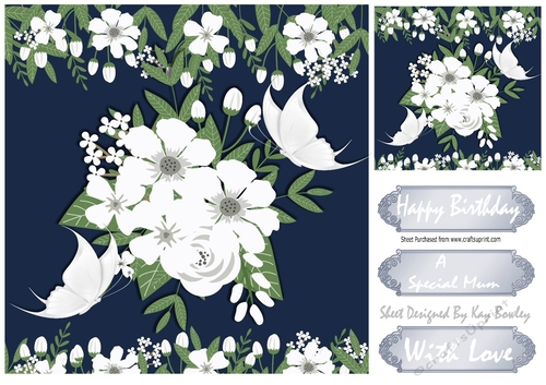 Pretty blue and white flowers with butterflies 8x8