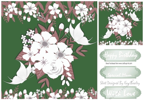 Pretty green and white flowers with butterflies 8x8