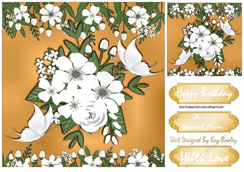 Pretty gold and white flowers with butterflies 8x8