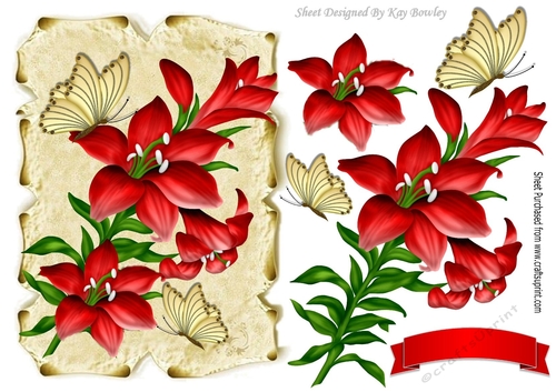 Pretty red lilies on a scroll with gold butterflies