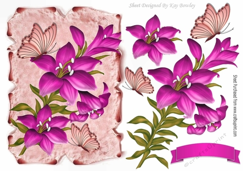 Pretty pink lilies on a scroll with gold butterflies