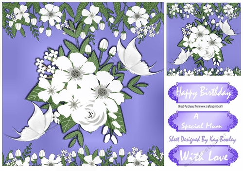 Pretty purple and white flowers with butterflies 8x8