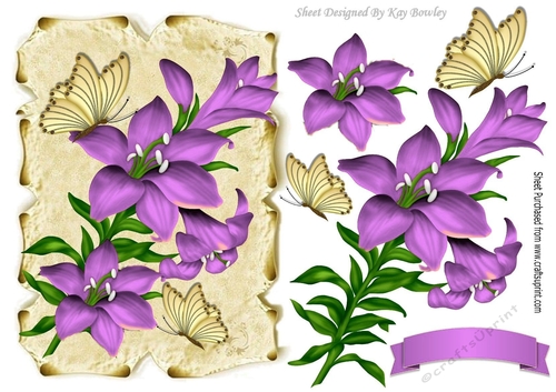 Pretty lilac lilies on a scroll with gold butterflies