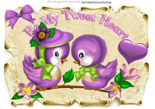 Be my tweet heart! with pretty purple birds and & heart on a scroll A4