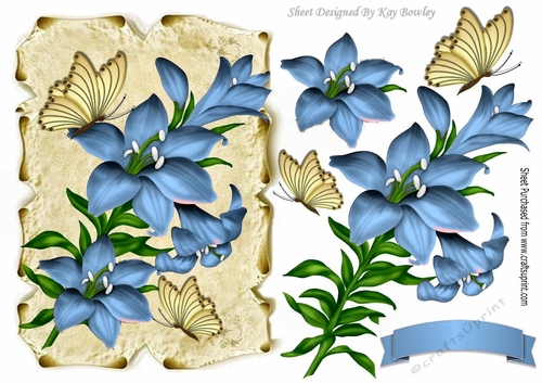 Pretty blue lilies on a scroll with gold butterflies
