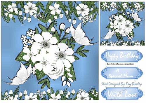Pretty blue and white flowers with white butterflies 8x8