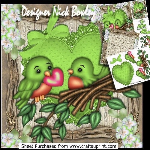 Cute little love birds in green on a heart with flowers  8x8 mini kit