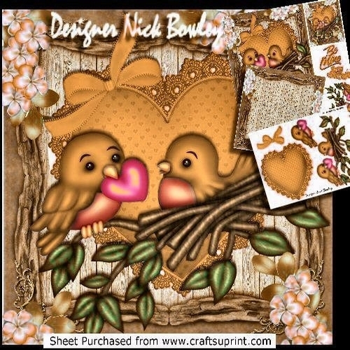 Cute little love birds in gold on a heart with flowers  8x8 mini kit