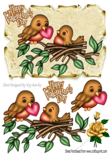 Sweet love birds in gold with flowers on a scroll