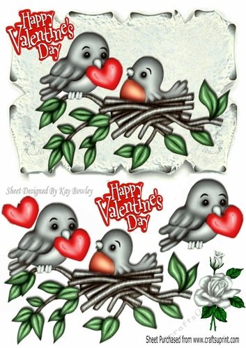 Sweet love birds in silver with flowers on a scroll