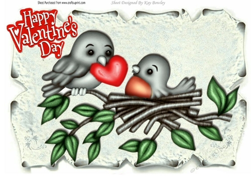Sweet love birds in silver with flowers on a scroll A4