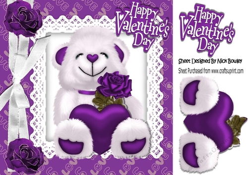 cute white teddy bear with heart, rose and bow in purple 8x8  