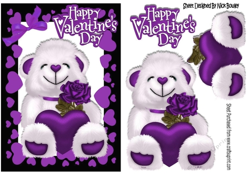 white bear holding a heart & purple rose in heart frame A5
