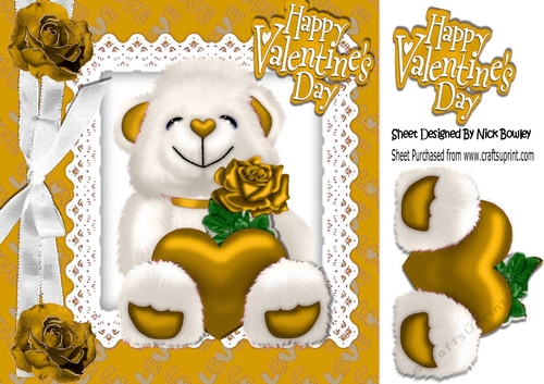 cute white teddy bear with heart, rose and gold bow 8x8
