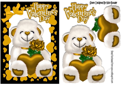 white bear holding a heart & gold rose in heart frame A5