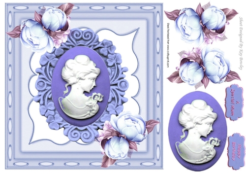 pretty cameo lady with blue roses in ornate frame