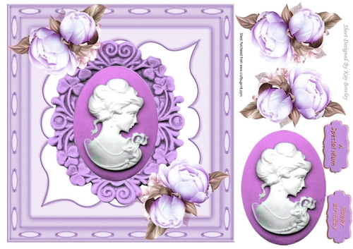 pretty cameo lady with purple roses in ornate frame
