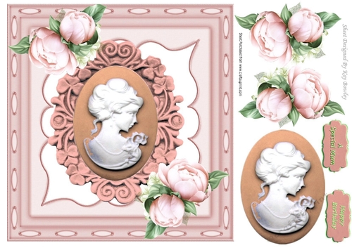pretty cameo lady with peach roses in ornate frame