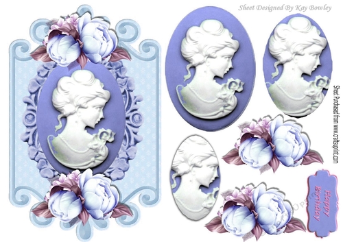 pretty cameo lady with blue  roses on a plaque oval pyramids