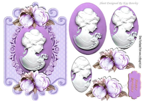 pretty cameo lady with purple  roses on a plaque oval pyramids