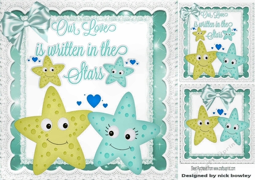 Our love is written in the stars, with lace and turq bow 8x8