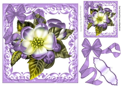 Pretty purple flower in ornate scroll frame with organza bow