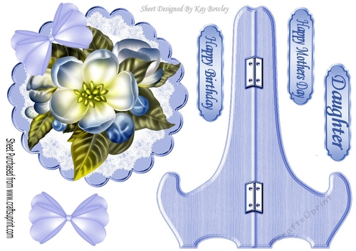 Pretty blue flower on lace with  bow, plate and stand