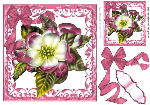 Pretty pink flower in ornate scroll frame with organza bow