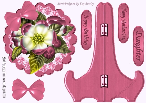 Pretty pink flower on lace with  bow, plate and stand