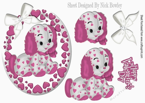 Puppy love, in pink love heart oval frame with sparkle bow