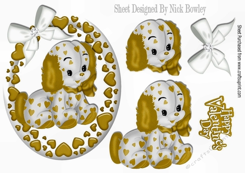 Puppy love, in gold love heart oval frame with sparkle bow