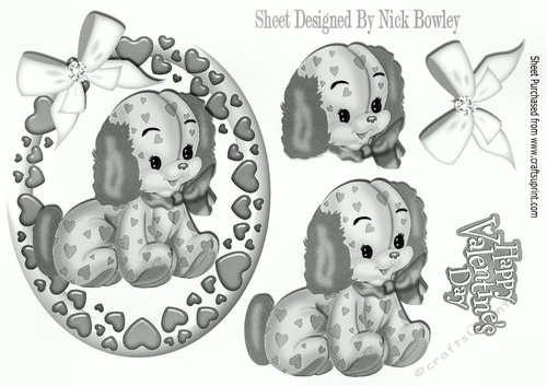Puppy love, in silver love heart oval frame with sparkle bow