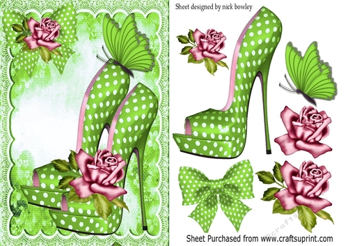 Pretty green polkadot shoes, roses, & butterflies with lace A5