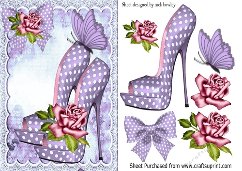 Pretty lilac polka dot shoes, pink roses, & butterflies with lace A5
