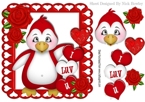 I LUV U! Penquin with hearts and red roses 8x8