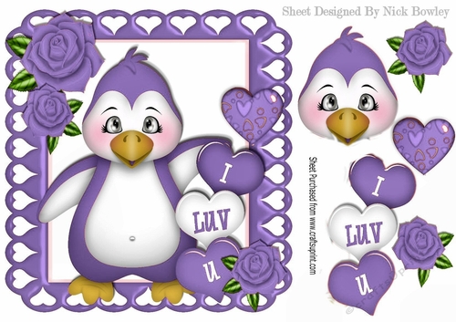 I LUV U! Penquin with hearts and purple roses 8x8