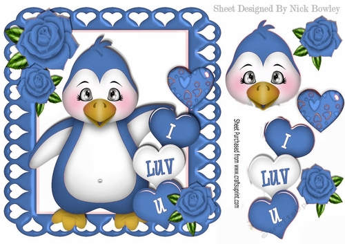 I LUV U! Penquin with hearts and blue roses 8x8