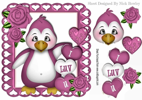 I LUV U! Penquin with hearts and pink roses 8x8