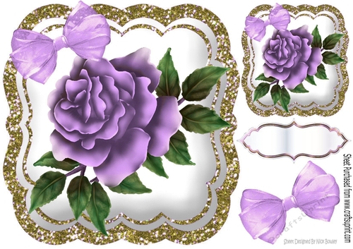 pretty painted lilac roses with organza bow in gold glitter 8x8 frame