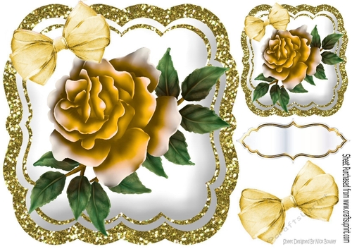 pretty painted gold roses with organza bow in gold glitter 8x8 frame