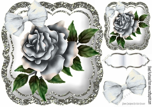 pretty painted silver roses with organza bow in silver glitter 8x8 frame