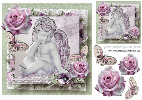 Angelic little cherub with roses and butterflies 8x8