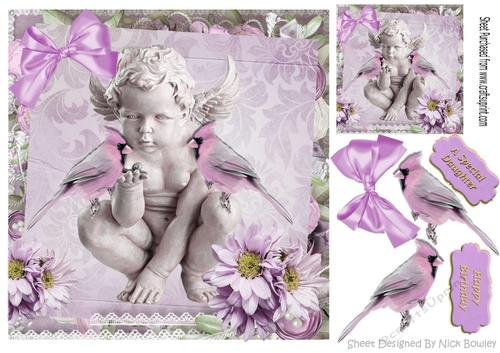 Sweet Cherub, with little birds and lilac flowers 8x8