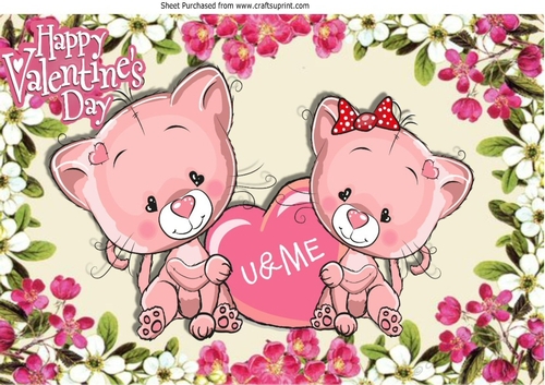 Cute valentine kitties u & me, in pretty flower frame A4
