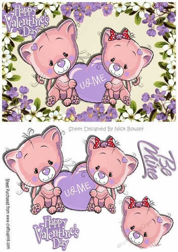 Cute valentine kitties u & me, in pretty purple flower frame