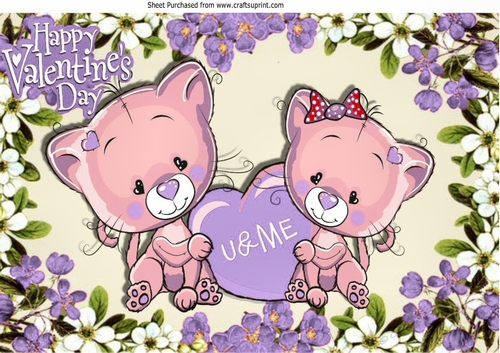 Cute valentine kitties u & me, in pretty purple flower frame A4